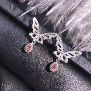 Hollow Design Tear Drop Pink Butterfly Wings Earrings, MLNN1082